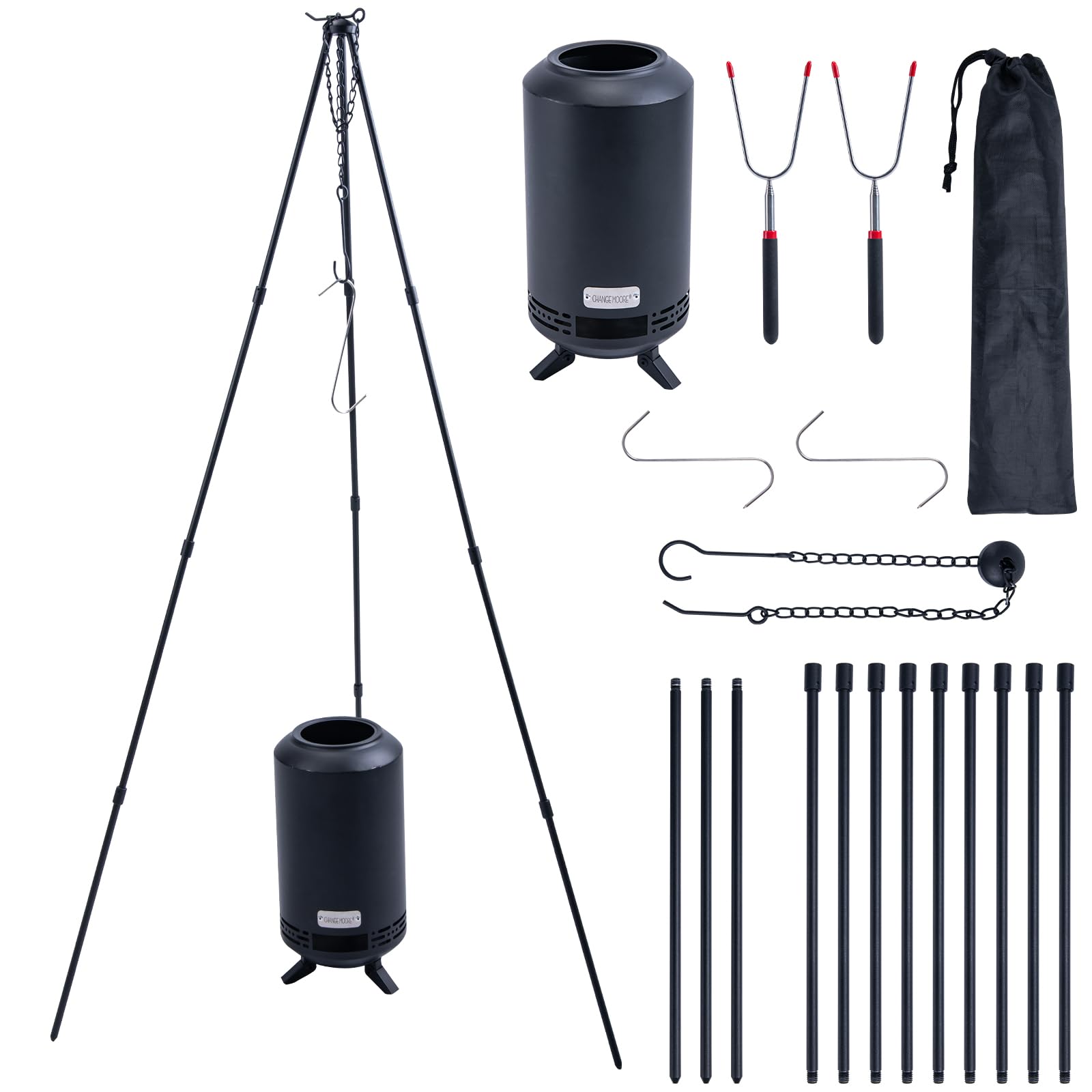 CHANGEMOORE Campfire Tripod BBQ with Fire Pit, Adjustable 54–108cm Height, Foldable Aluminum Cooking Tripod with Storage Bag for BBQ, Garden, Camping, Picnic and Outdoor Use