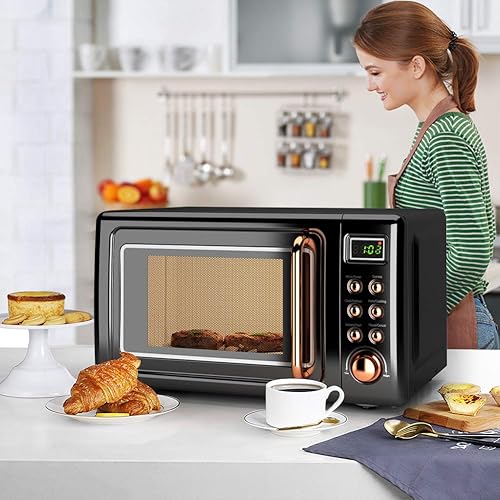 Miniatura 7 de Horno microondas retro, Safeplus de 0.7 pies cúbicos, microondas de 700 W con placa de acero laminado en frío, 5 micro descongelación y función de