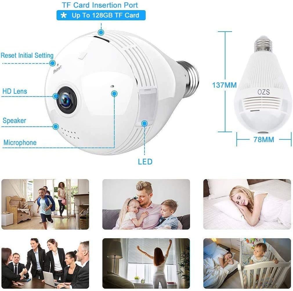 1080P Smart Bulb Security Camera, 360 Degree Panoramic 2.4G WiFi Camera Indoor/Outdoor Wireless Video Surveillance IP Camera for Baby/Pet Monitor with Night Vision, Two Way Audio, Montion Detection