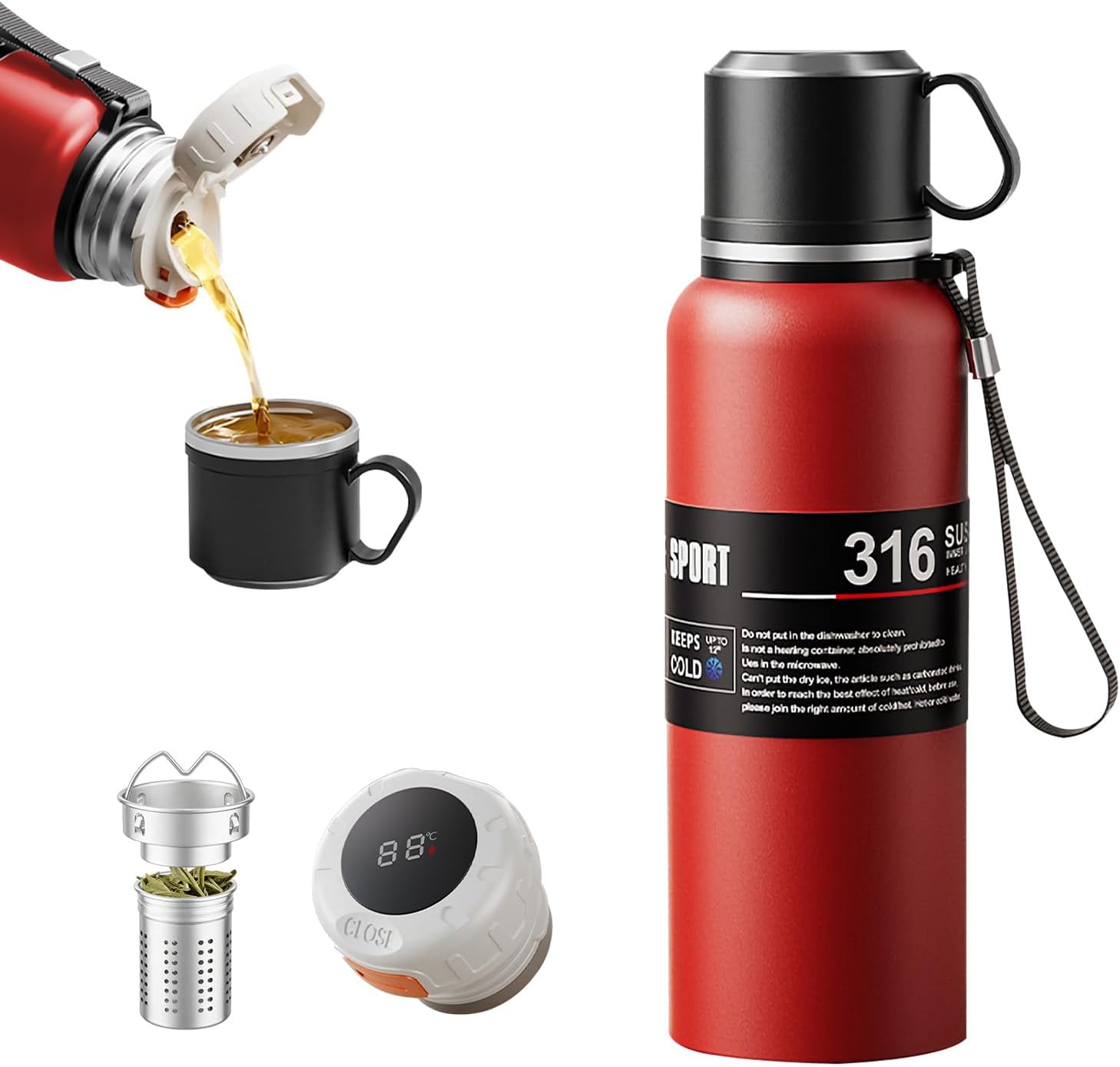Double wall vacuum Leakproof stainless steel wide mouth insulated water bottle;tea tumbler with infuser,cup,lid;smart thermoses hot coffee;thermal flask ice drinks with led digital temperature display