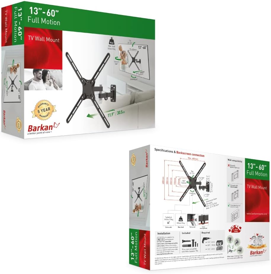 Barkan TV Wall Mount, 13-58 inch Full Motion Articulating - 4 Movement Screen Bracket, Holds up to 55lbs, Fits LED OLED LCD