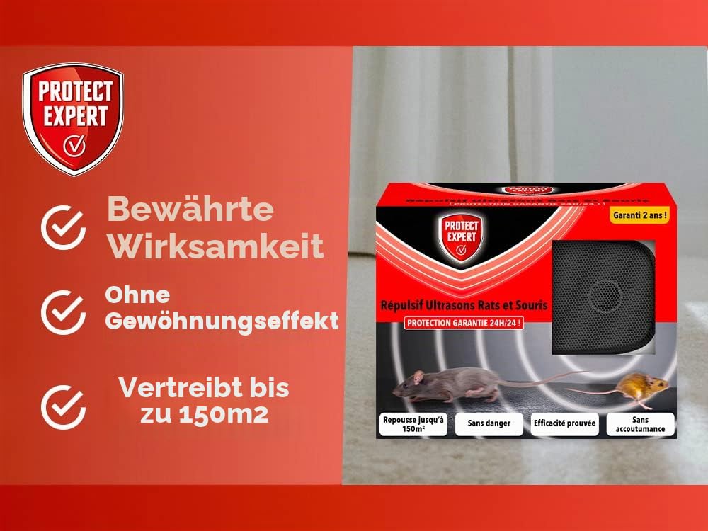Protect EXPERT Ultraschall Ratten & Mäuse – Abwehrmittel – bis zu 150 m² | Ultrarasou – Schutz rund um die Uhr – Schwarz