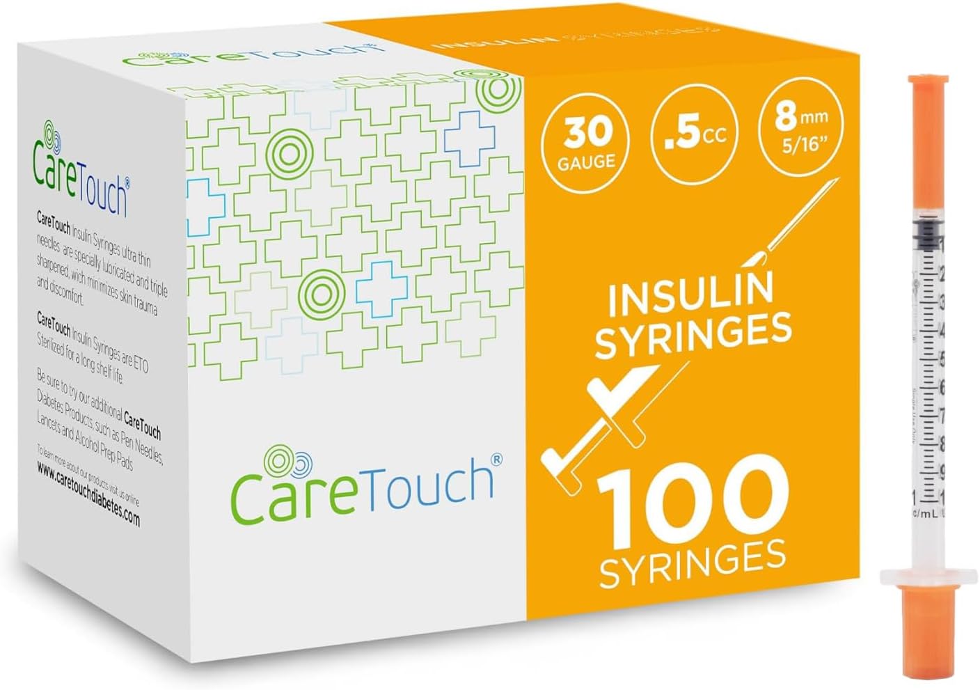 Care Touch Insulin Syringes - 30g 5/16"-8 mm .5 cc Syringe Insulin Needles - 100 Sterile Insulin Syringes - Non-Toxic & Non-Pyrogenic - Silicone-Coated, Pyrogen-Free Ultra Thin Needles (Pack of 100)