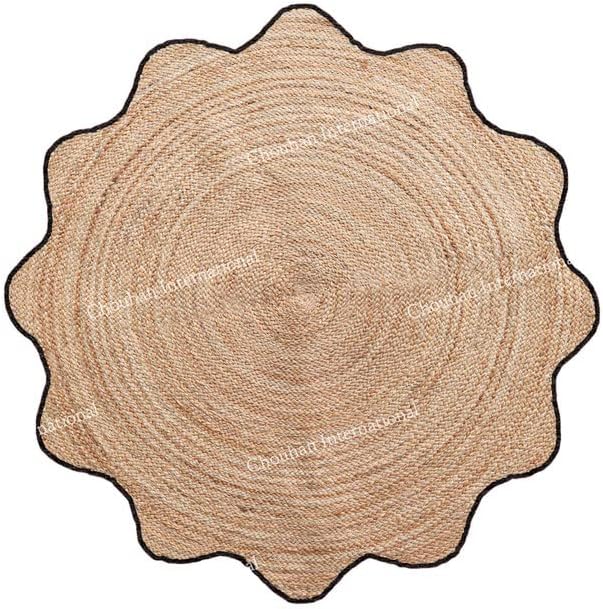 4x4, 5x5, 6x6,feet Natural Jute Scallop Round Rug, Floor Scalloped Edge Rug Braided Boho Eco Large Circular Handmade Area Rugs (D2)