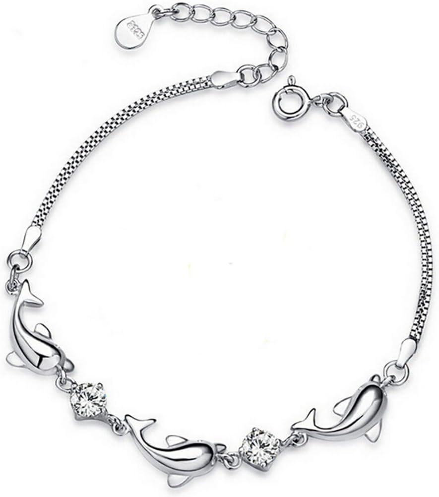 Winwest Sterling Silver Dolphin White CZ Bracelet,6.5" +1.5" Ext
