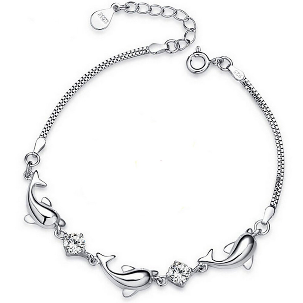 Winwest Sterling Silver Dolphin White CZ Bracelet,6.5" +1.5" Ext