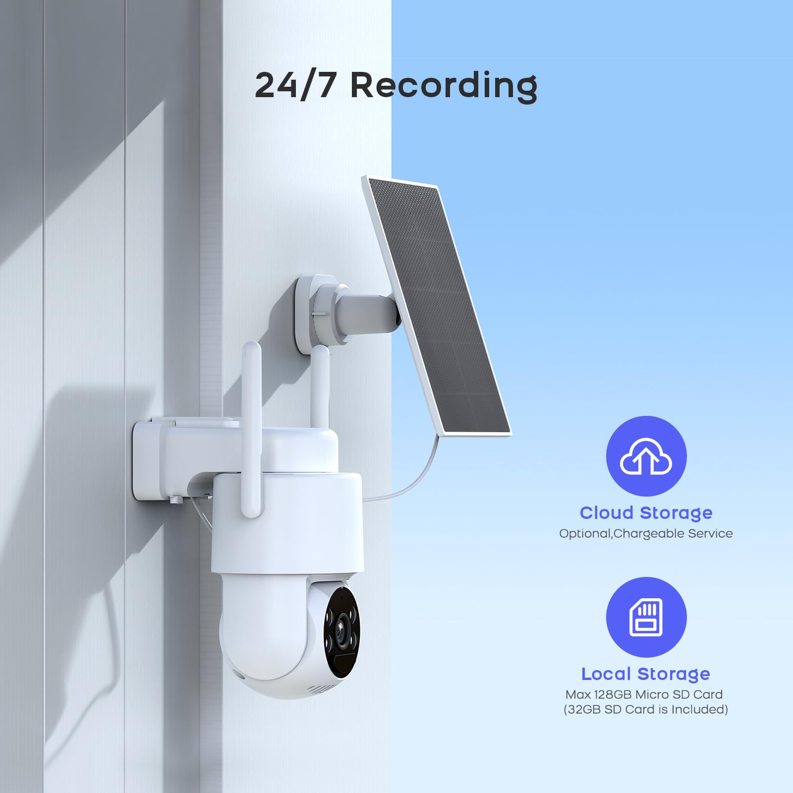 2K Cámara Vigilancia WiFi Exterior Solar, 360° PTZ Cámara Exterior Solar con Panel Solar/Alimentación por batería, Visión Nocturna Color, Audio bidireccional, PIR Sirena, Tarjeta SD de 32 GB