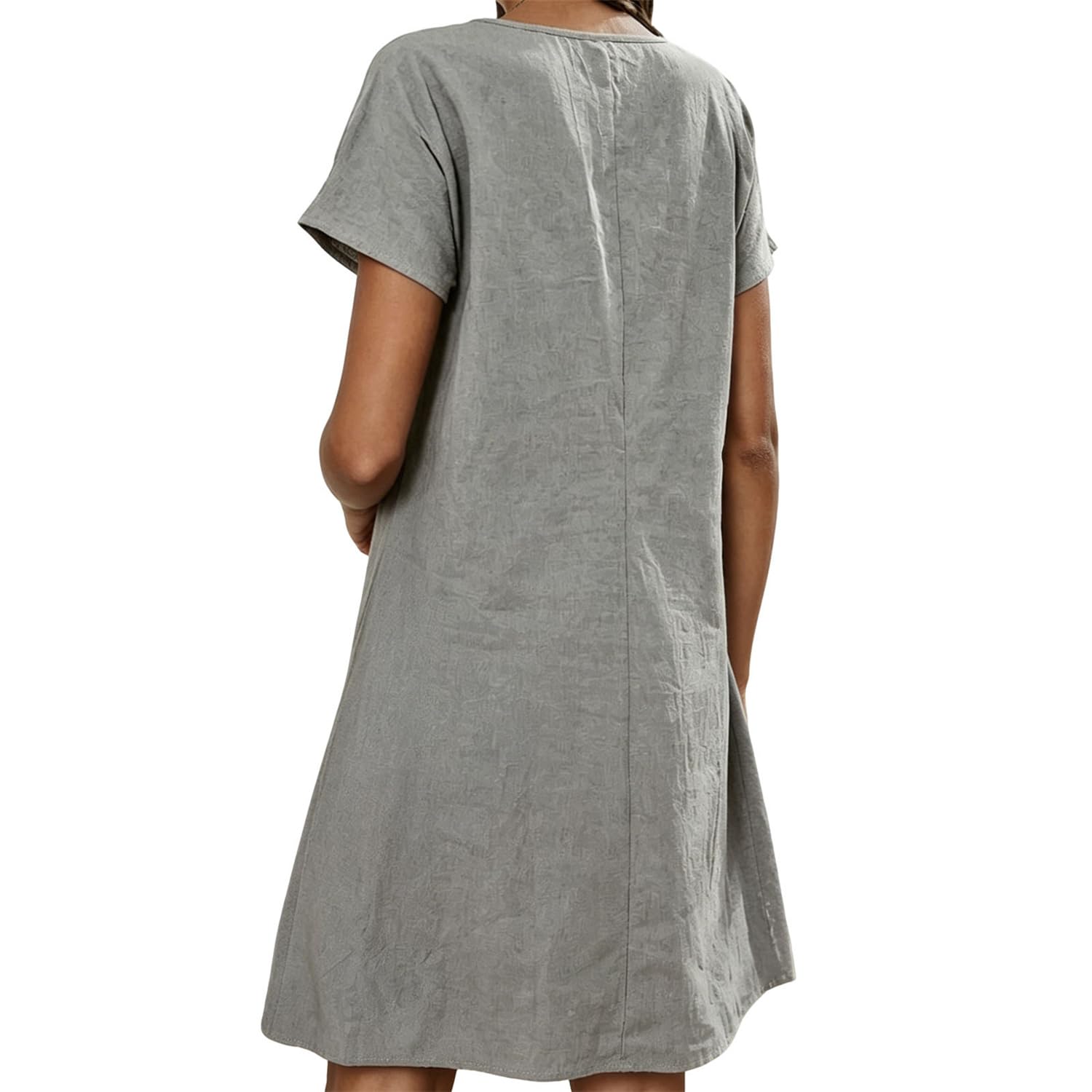 Vestido de algodón y Lino para Mujer con Bolsillos con Cremallera, diseño Casual de línea A en Color Liso y Cuello Redondo, Manga Corta con Bolsillo, Vestido de Verano Casual