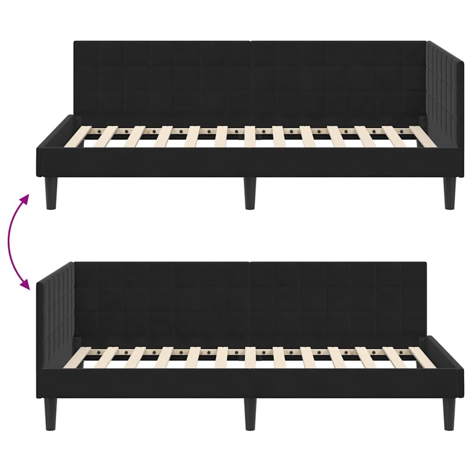 Gecheer Eckbettgestell mit Kopfteil Schwarz 90 cm x 200 cm Stoff, Eckbett Familienbett Schlafsofa Bettgestell für Schlafzimmer Kinderzimmer Dachgeschoss42016433