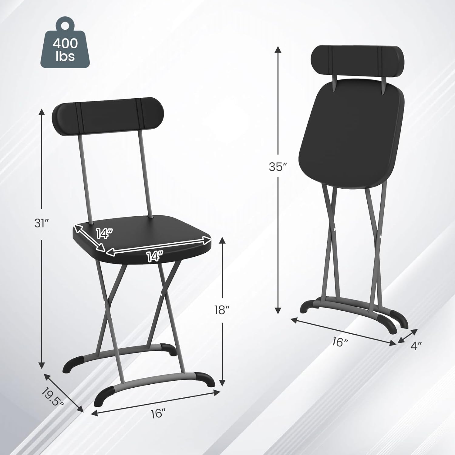 Black Metal Folding Dining Chairs with Ergonomic Backrest, Set of 2