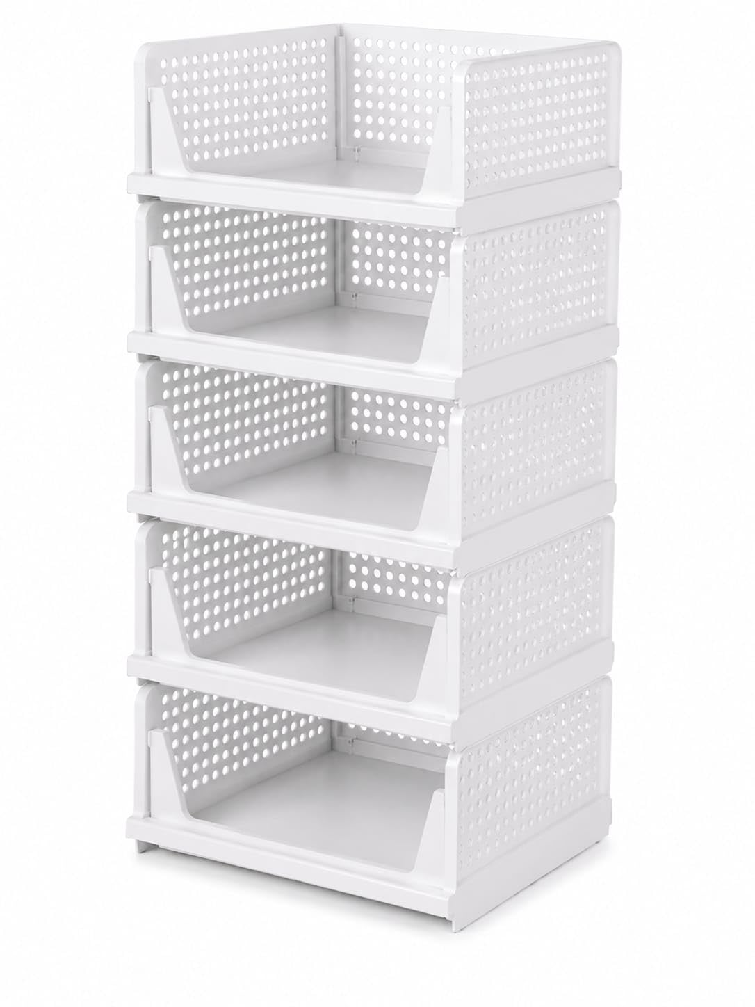 Foldable Stackable Wardrobe Organizer | Large Plastic Clothes Storage Box for Wardrobe, Cupboard, Kitchen, Living Room & Shelves | Space Saving Basket | White | Pack of 5-image-29