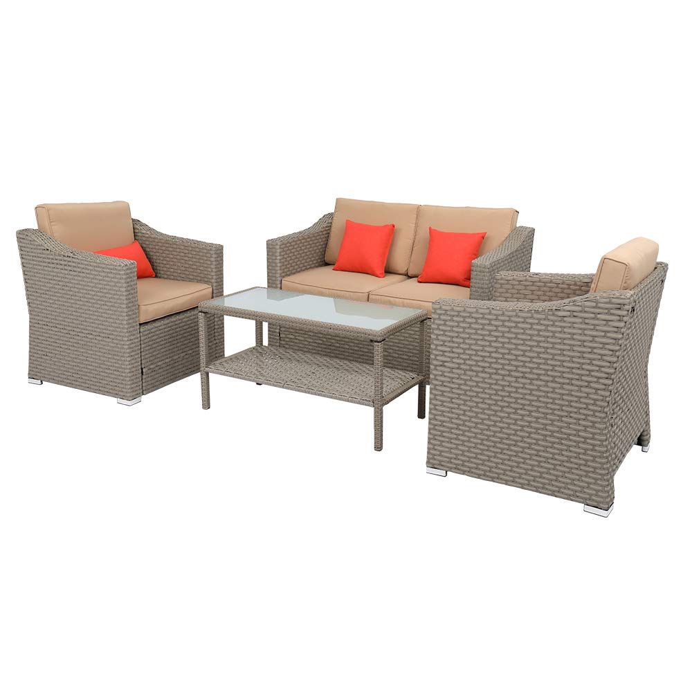 Knocbel 4 Pieces Outdoor Patio Sofa and Table Set, All-Weather Rattan Wicker Conversation Set with Removable Glass Tabletop & Washable Cushions, Ideal for Balcony Garden Lawn (Gray and Khaki)