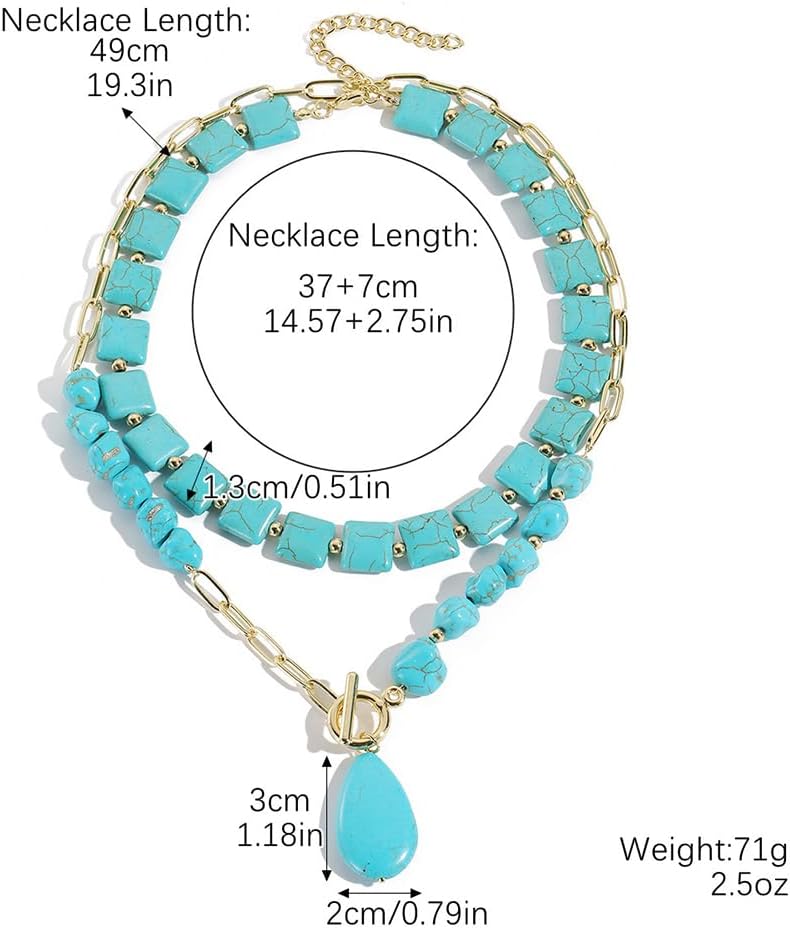 Chunky Turquoise Western Necklaces for Women Fashion Long Layered Square Beaded Statement Necklace Large Gold Collar Jewelry Boho Teardrop Accessories - Image 3