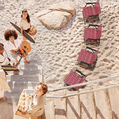 Image of Giantex Beach Chairs Set of 6, Patio Folding Lawn Chairs for Adults, Outdoor Webbing Chair w /Steel Frame, Lightweight & Portable Camping Chairs for Fishing, Yard, Garden, Poolside Webbed Chairs, Red