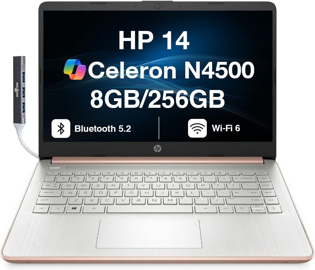 HP 14 Student & Business Laptop 14.0" HD Display (Intel Celeron N4500, 8GB DDR4, 256GB PCIe SSD, Intel UHD, WiFi 6, Webcam, Bluetooth 5.3, Jet Black, Win 11 Pro) w/DKZ USB Port Expander