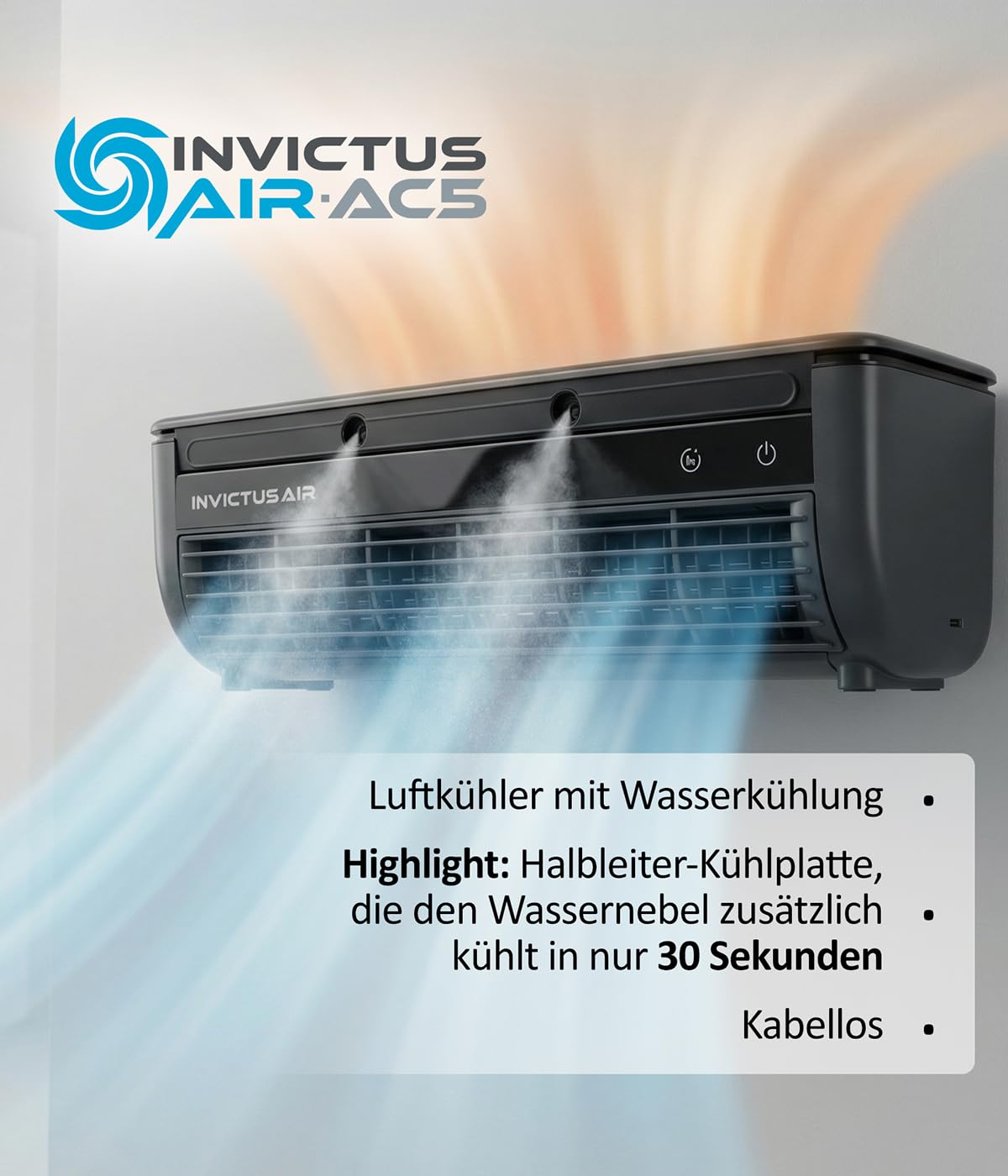 Genius INVICTUS AIR AC5 Luftkühler kabellos, mit Wasserkühlung & Halbleiter-Kühlplatte, Fernbedienung, 3 Stufen, 260 ml Wassertank, bis zu 8 Std., Wandmontage oder freistehend