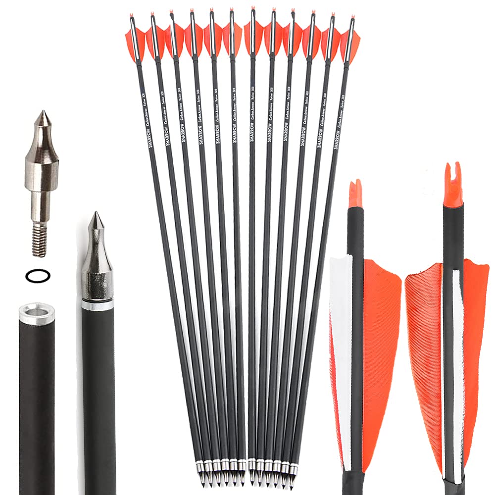 SHARROW 32 Inches Archery Carbon Arrows Spine 500 Archery Target Arrows Adult Hunting Arrows with 4" Nature Feathers for Compound Bow Recurve Bow Longbow Bow And Arrow For Hunting (Orange, 12P)