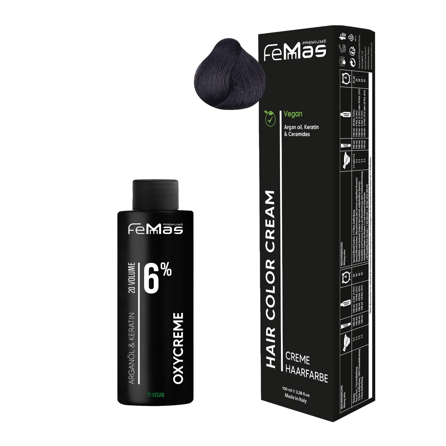 Femmas Set de tinte para el cabello marrón oscuro 3 I Hair Color Cream 100 ml + crema de óxido 100 ml 6% I coloración permanente del cabello + desarrollador I Suave y duradero I Tinte de pelo de salón