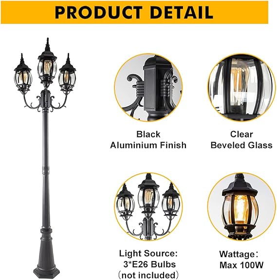 LUTEC LED Outdoor Post Light with Triple-Head, Hardwired Vintage Street Lights for Lawn Patio Yard Pathway Garden Black Light Pole with Clear Glass Panels - Black