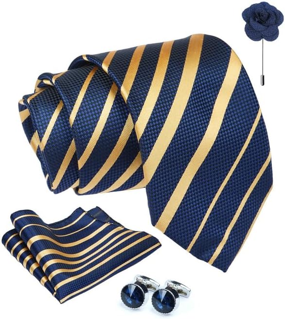 Tie for Men – Micro Silk Neck Ties Set with Cufflinks Flower Pin, Pocket Square & Black Gift Box, Combo Necktie Sets for Office Wear, Formal Suits & Weddings (0, st7pn)