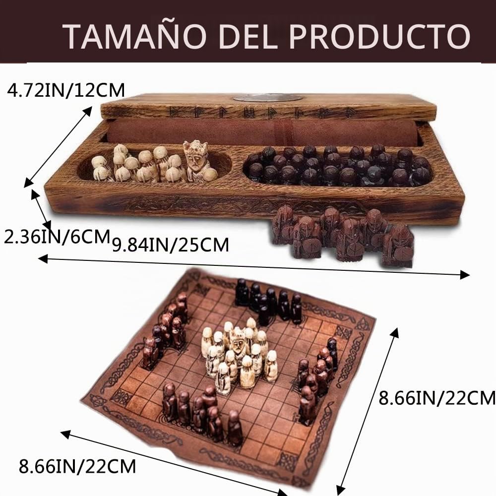 Juego Medieval de Ajedrez y Hnefatafl, Piezas Vikingas, Tablero 8.6 x 8.6 Pulgadas, Marrón