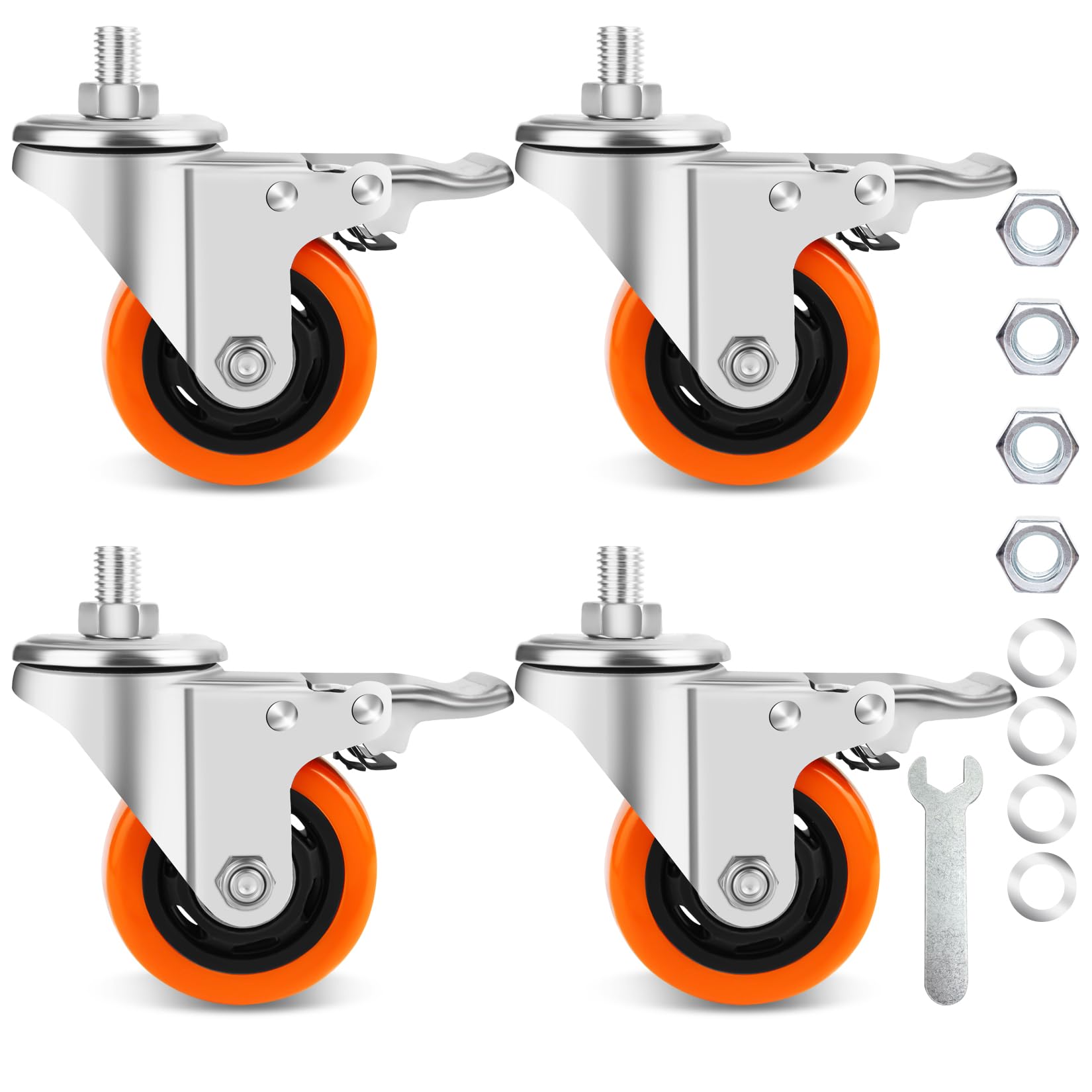 WBD Heavy Duty Stem Caster Wheels 3 Inch with Dual Locking, Threaded Stem Casters UNC 3/8"-16x1", No Noise Swivel Casters, Set of 4 Caster Wheels for Cart, Furniture