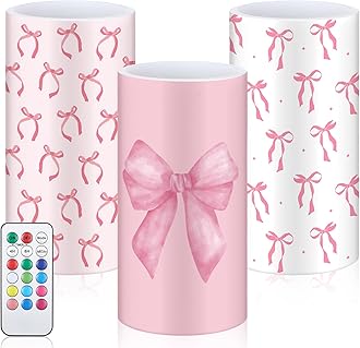 Retisee 3 Pcs Coquette Pink Bow Flameless LED Candles with Remote Pink Bow Room Decor 3x6 Inch Color Changing Battery Operated Pillar Candles for Party