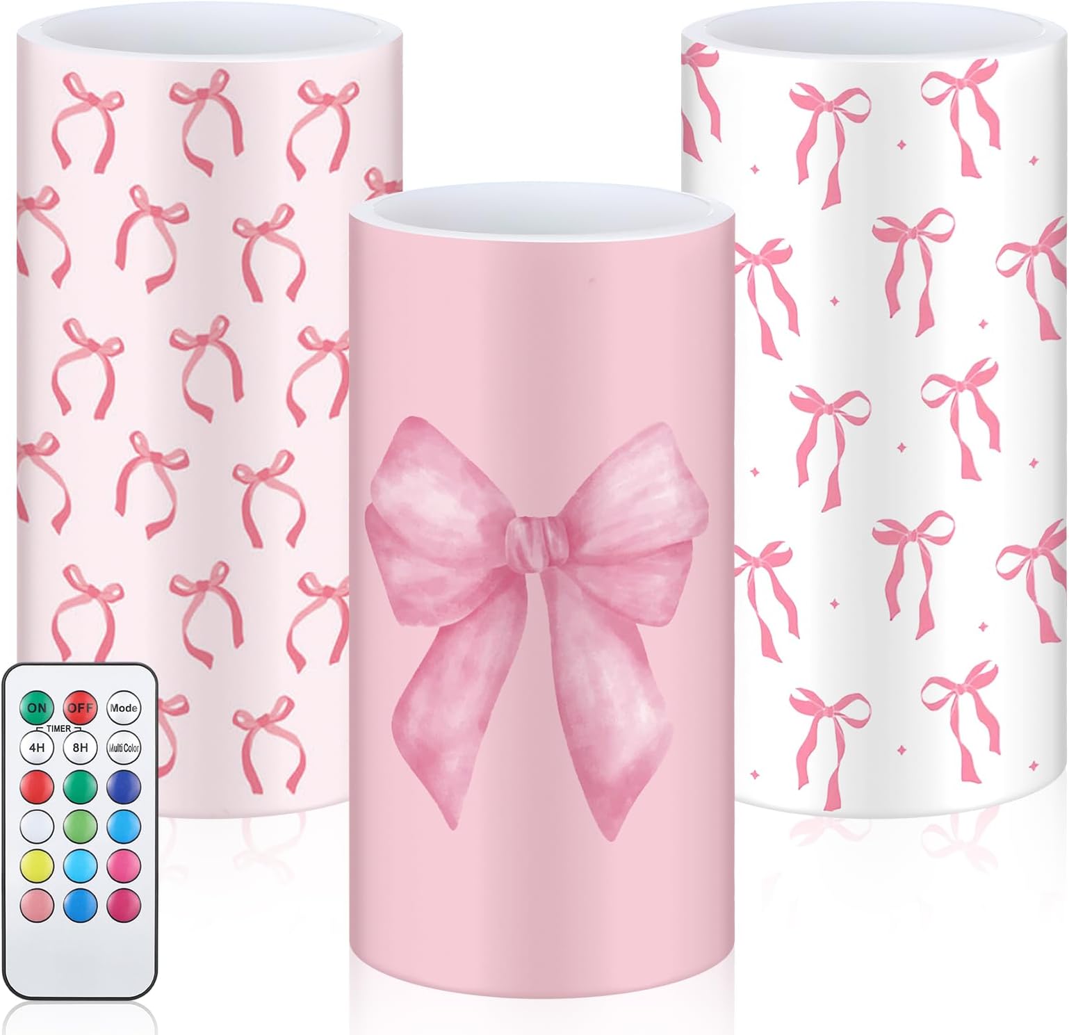 Retisee 3 Pcs Coquette Pink Bow Flameless LED Candles with Remote Pink Bow Room Decor 3x6 Inch Color Changing Battery Operated Pillar Candles for Party