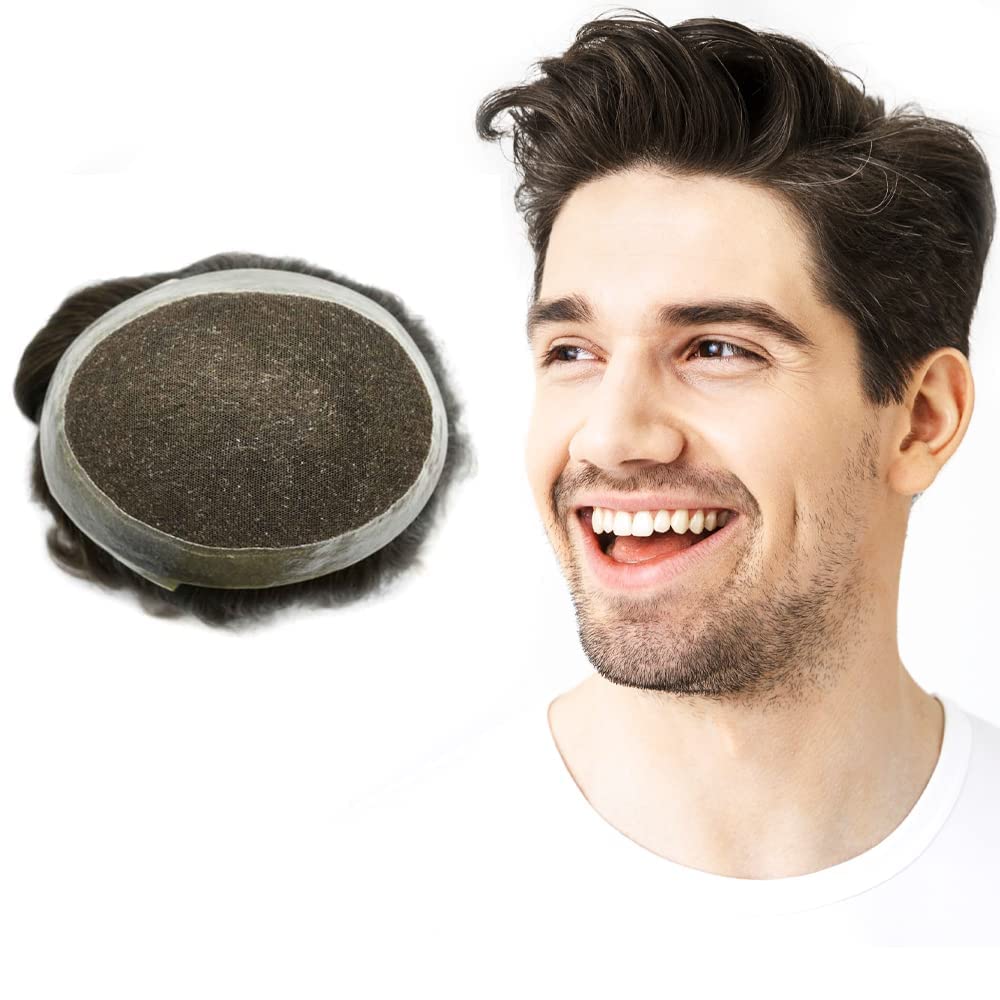 US Toupee For Men Hair Units French Lace Hair Pieces Real Human Hair With Clear Poly Skin Aroud Mens Toupee Mix Gray Hair Breathable Men Hair Replacement Systems US Stock. (8X10"-100% light to medium density, 5# MEDIUM LIGHT BROWN)
