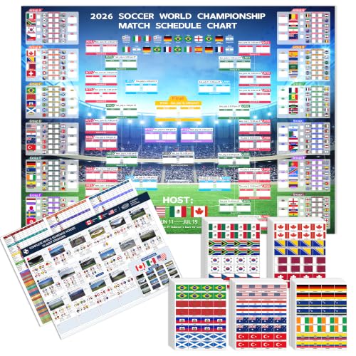 2026 World Soccer Tournament Extra Large Schedule Poster Set (3 Pack) 43x32 Wall Chart Calendar with 48 Team Flag Stickers Includes A3 Stadium & Match Points Posters Marker & Mounting Tape