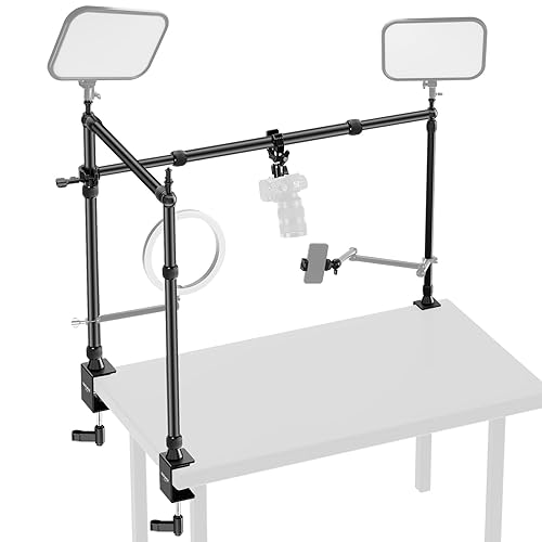 NEEWER Overhead Camera Mount Rig with Dual Ball Head Super Clamp/Phone Holder/C Clamp for Desktop Top Down Shots, Metal Multi Device Mount Platform for Photography Live Streaming Video Making, NK003 - Overhead Rig with 3 C Clamp Stand