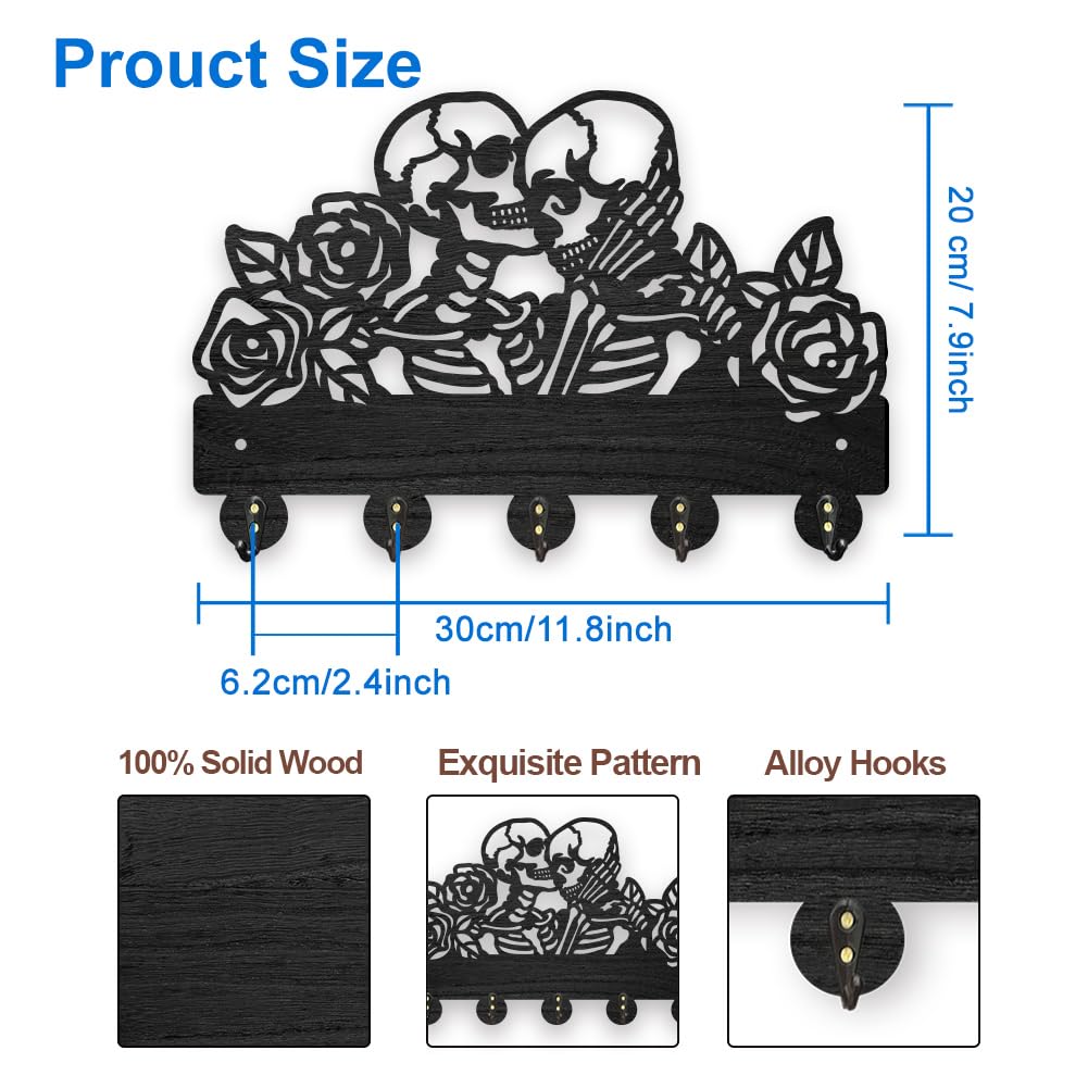 MAYJOYDIY Wood Skeleton Key Hook Wall Mounted Rose Flower Undead Key Holder for Wall 30×20cm Black Key Holder 5 Alloy Hooks Home Decor Gifts Entryway Kitchen Bathroom Storage Organizer - Image 4