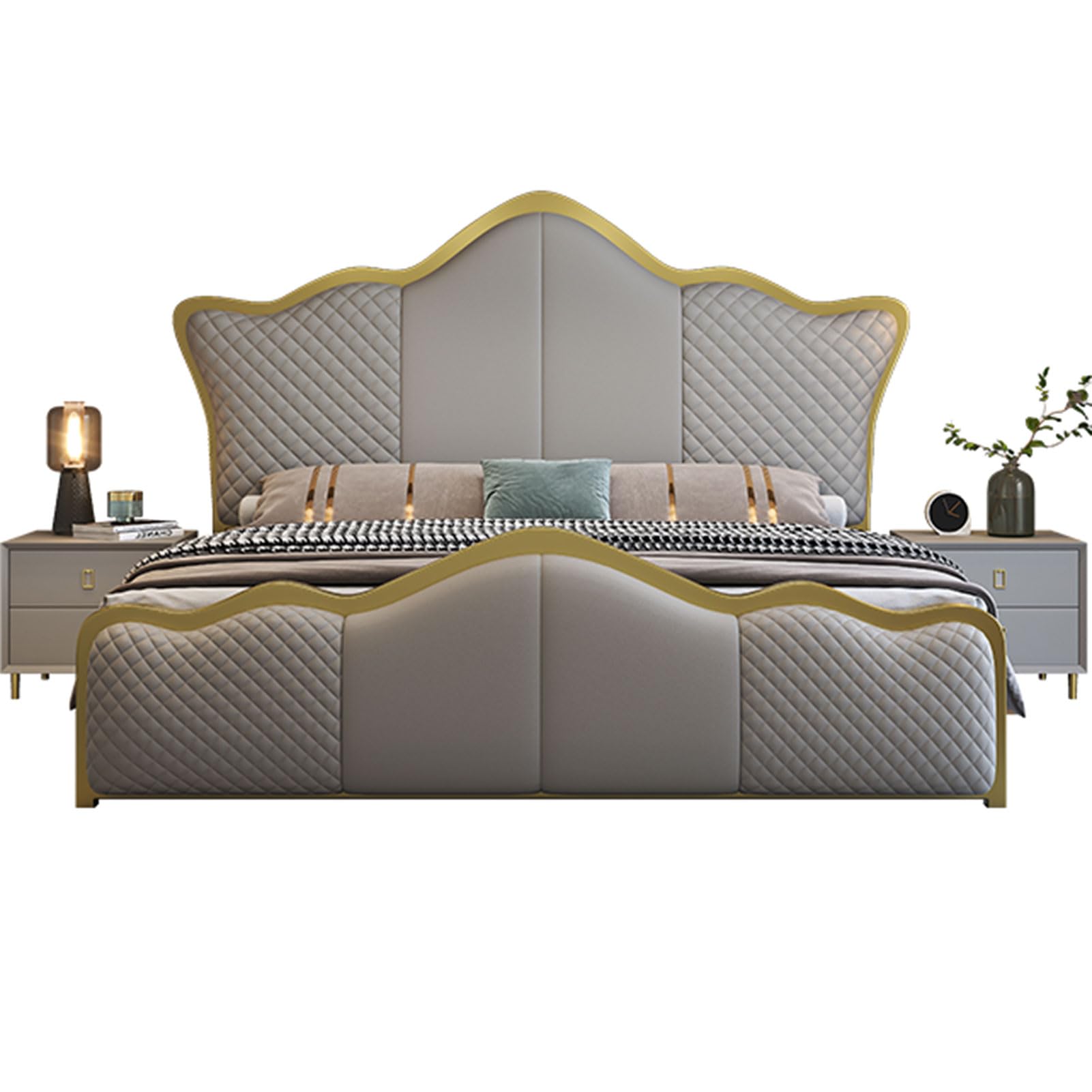 King Size Gray Genuine Leather Bed Storage Platform Bed Frame with Headboard and Lift Up Storage Strong Wooden
