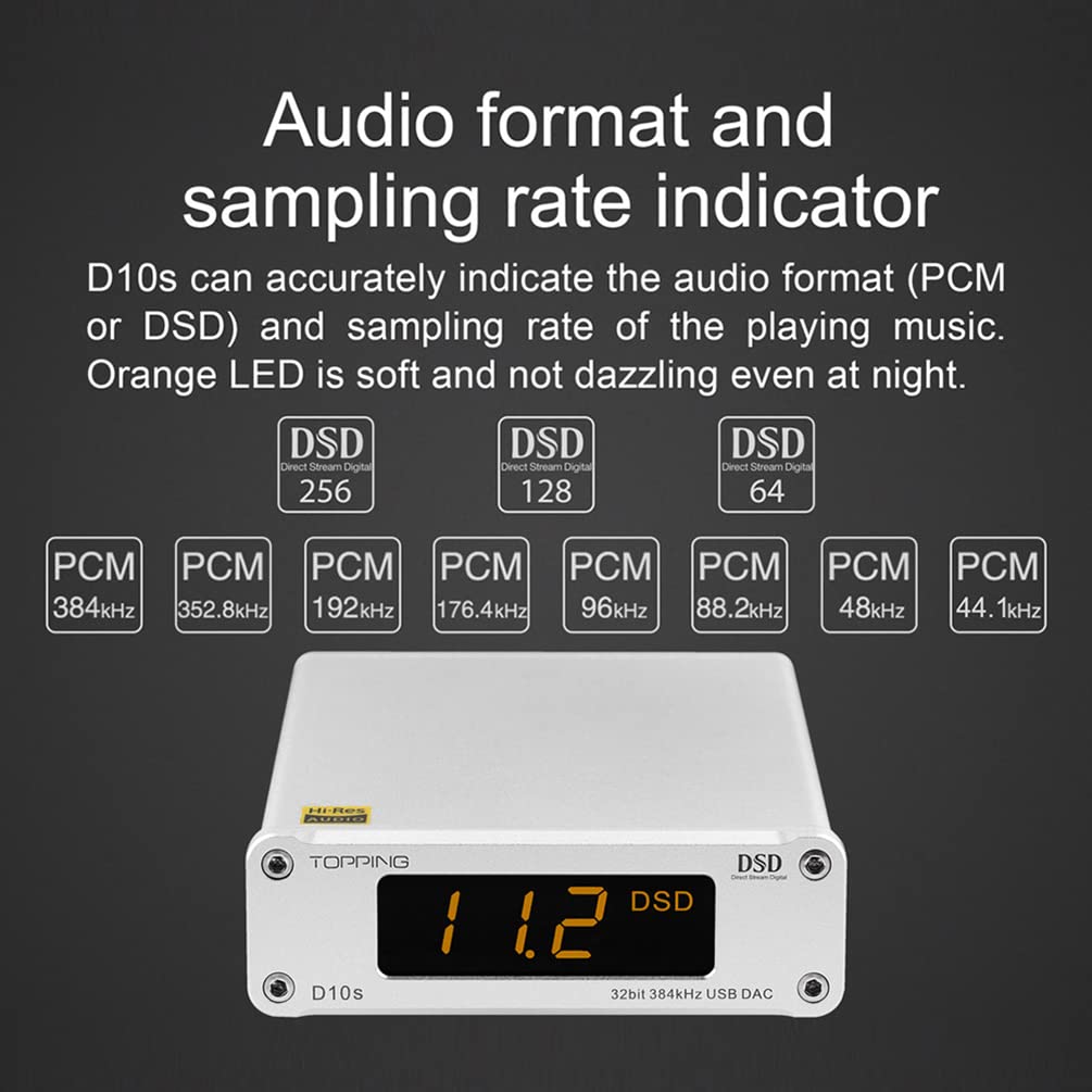 TOPPING D10s HiFi DAC USB Decoder HiFi XMOS XU208 ES9038Q2M DAC Optisch Koaxial DSD256 384kHz Audio Decoder (Schwarz)