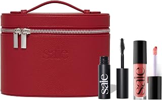 Saie Mini Red Vanity Case Bundle, Lash & Lip Makeup Kit (3 ct) | Mini Vegan Leather Vanity Case in Red with Mini Mascara 101 in Jet & GlossyBounce in Bounce, Travel Makeup Set