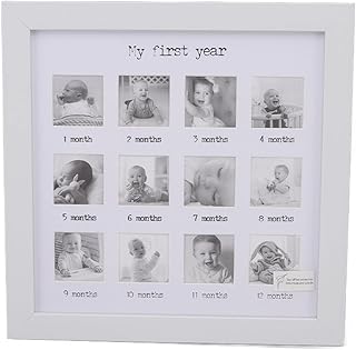 Luqeeg Baby First Year Picture Frame, Newborn Baby's First Year 12 Month Milestone Photo Frame, Collage Photo Frame for Baby First Year Keepsake Baby Growth Record, 10 X 10 Inch, White