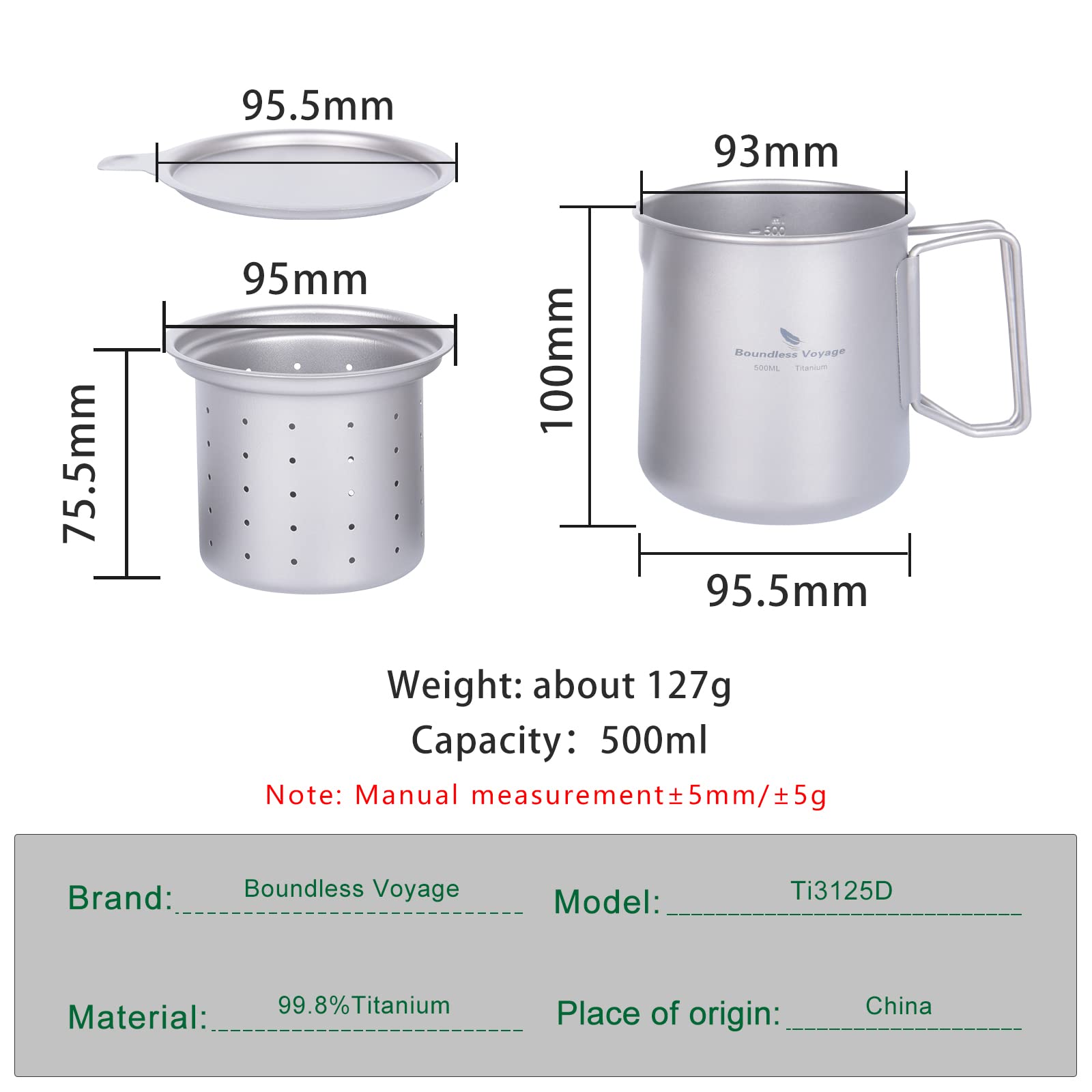 iBasingo Tytanowy garnek do herbaty 500 ml kubek do herbaty z filtrem i pokrywką jednowarstwowy kubek do kawy outdoor kemping zestaw przenośny lekki turystyczny naczynia do picia Ti3125D