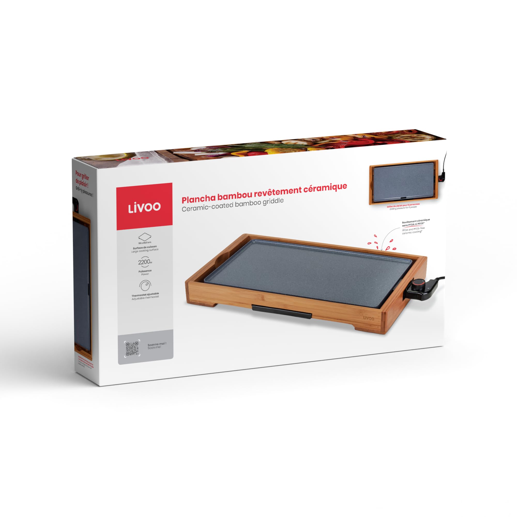 Plancha bambou revetement céramique - LIVOO - DOC322 - 2200W - Plaque amovible en fonte d'aluminium - Thermostat ajustable