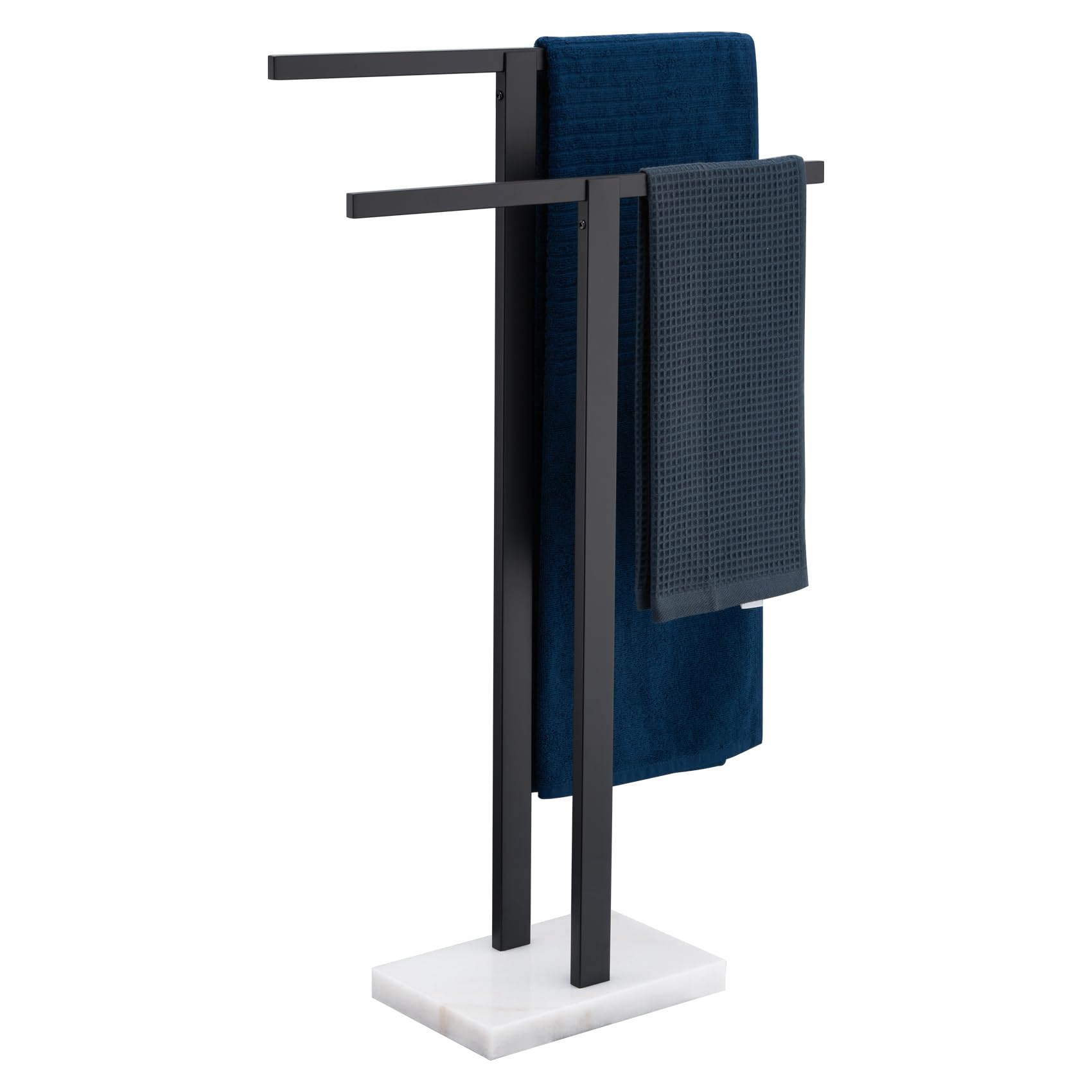 Photo 1 of KOKOSIRI Bathroom Towel Racks 2-Tier Standing Towel Bars with Marble Base, Stainless Steel Freestanding Towels Holder, Thicken Steady Design, Matte Black THS0003-BK