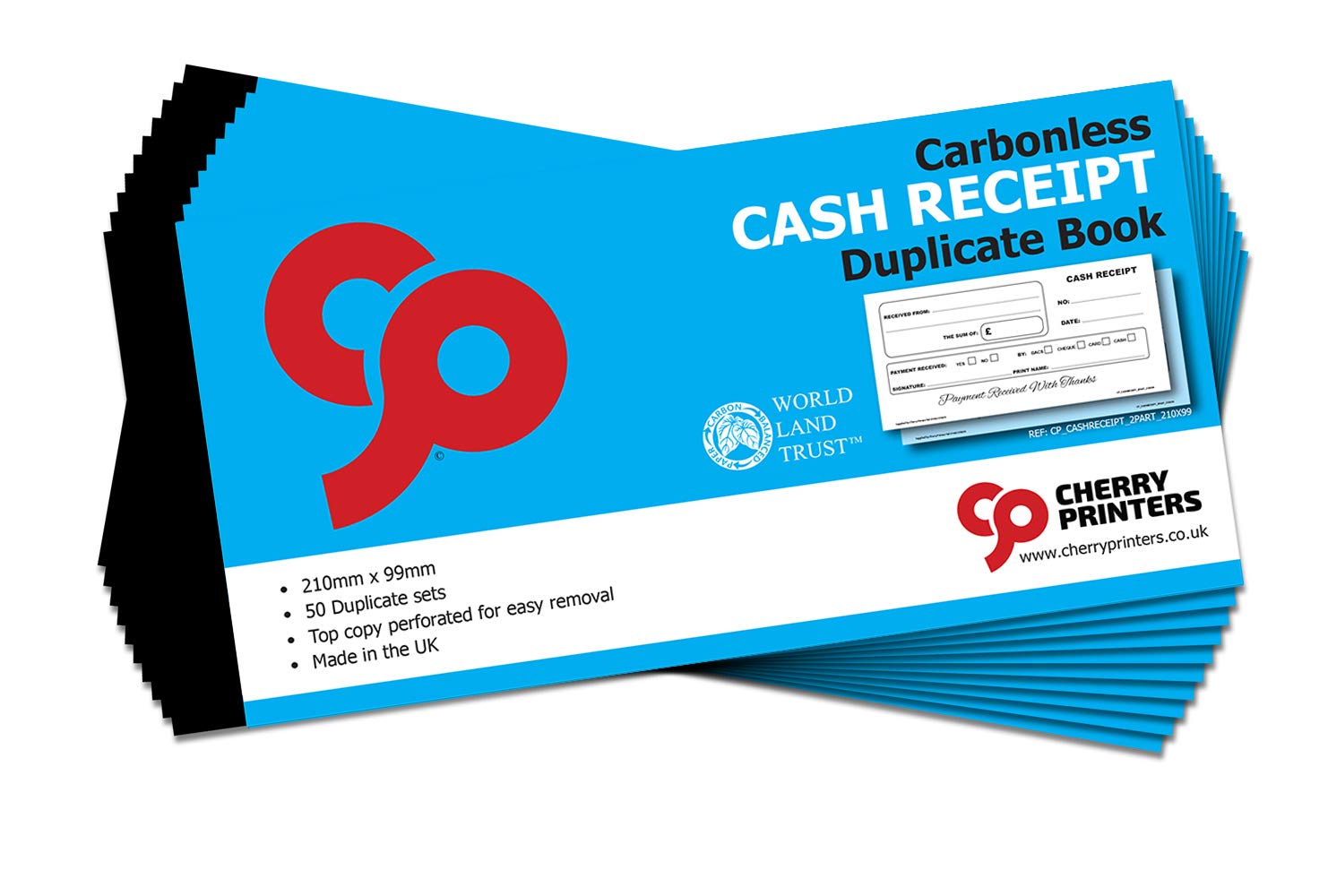 Cherry Printers | Carbonless Cash Receipt Book | Duplicate Book | 2 Part | 210 x 99mm | 50 Sets | NCR Receipt Pad with Perforated Pages | Business Accounting Receipt Book | Made in the UK **20 Pack** โ image 1