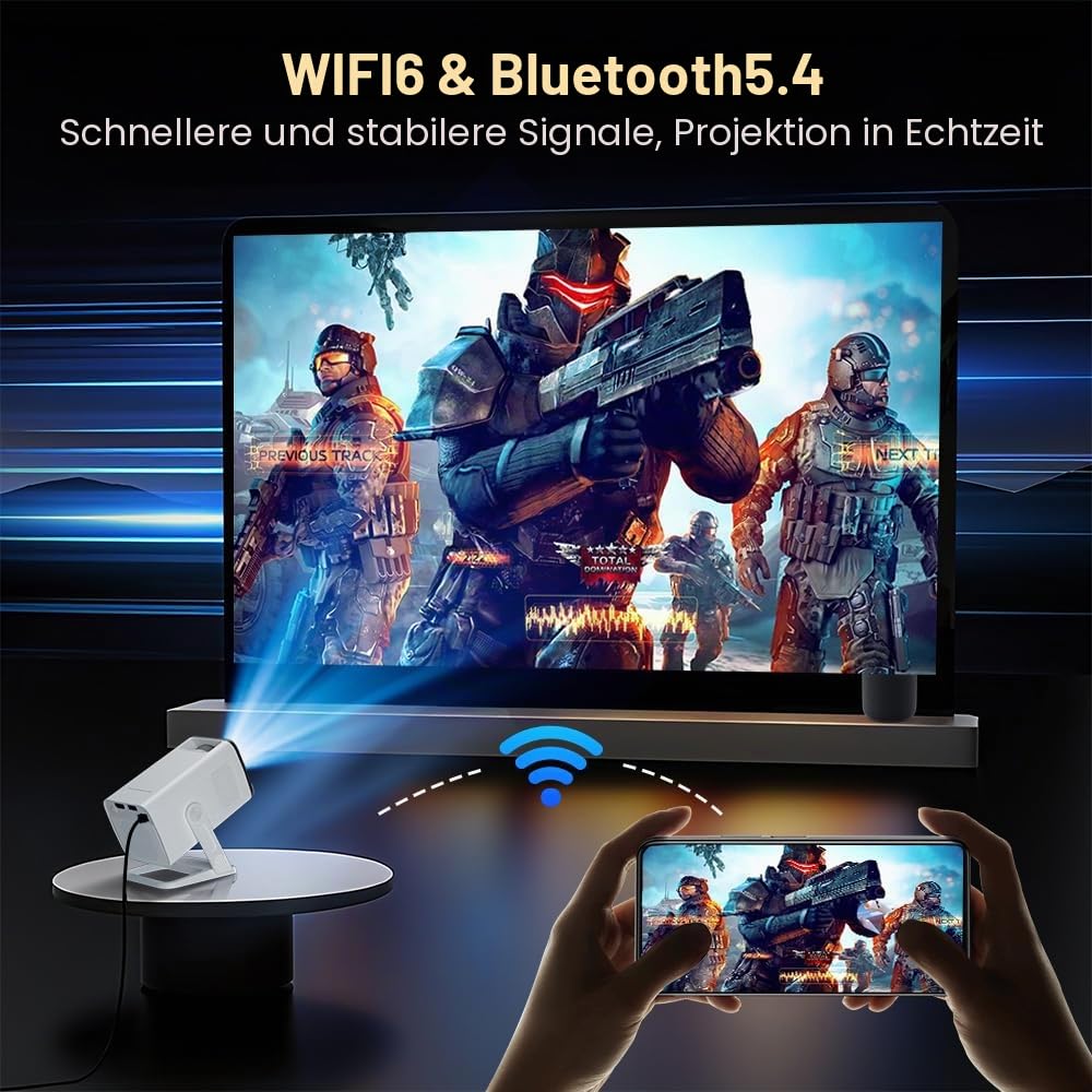 Mini Beamer 4K-Dekodierung, Android 14 & App per Fernbedienung, 720p nativ | Mobiler Klein Beamer mit Wi-Fi 6&Bluetooth 5.4, Auto-Trapezkorrektur, HDMI/USB-Kompatibilität, Smart Handy Projektor Weiß