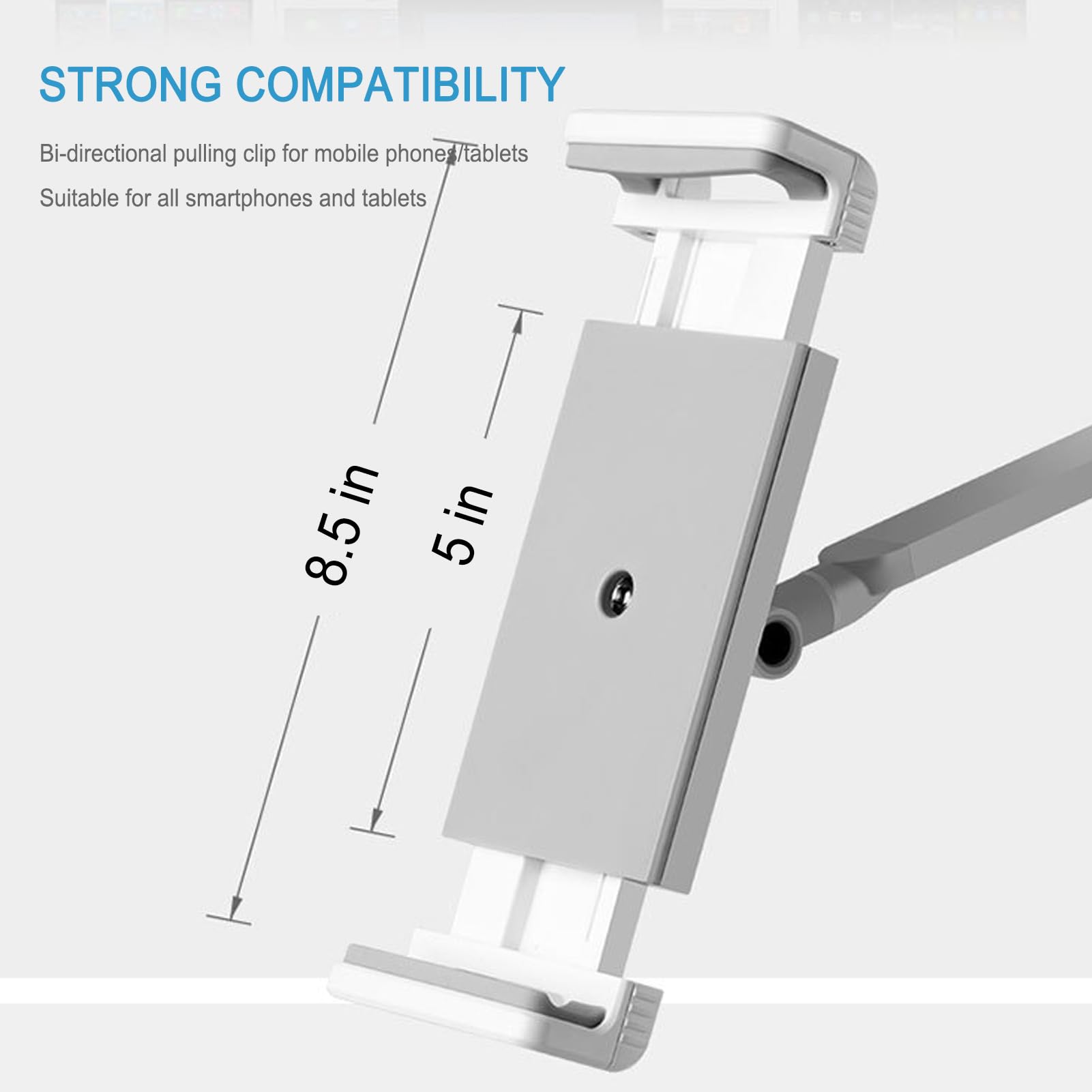 Soporte para tablet con brazo flexible y bandeja, giratorio de 360 grados para vlogging y transmisión en vivo, compatible con tabletas y teléfonos inteligentes de 4.7 a 12.9 pulgadas