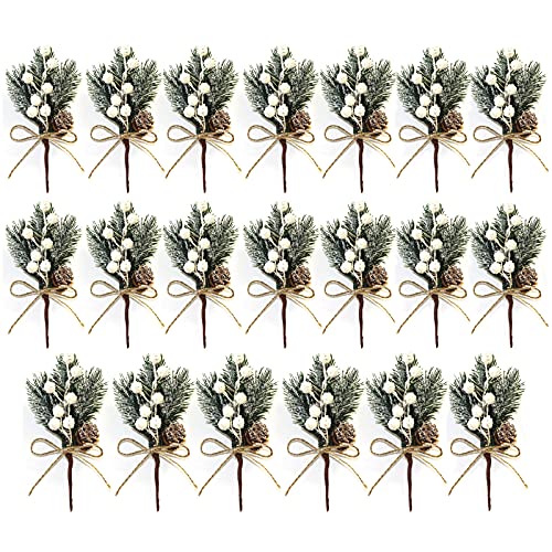 WDDH 20Pack Artificial Pine Picks, 6inch Flocked Holly Christmas Red Berry Picks Stems, Christmas Picks and Sprays Faux Pine Picks with Pinecones, for DIY Gift Floral Arrangements