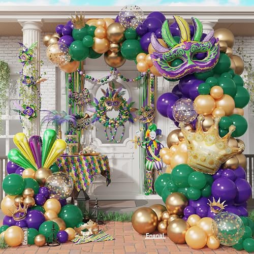 Enanal Mardi Gras Balloon Garland Arch Kit 167pcs Dark Purple Green and Gold Balloons with Large Mask Crown Foil Balloons for Mardi Gras Party Supplies New Orleans Masquerade Party Decorations
