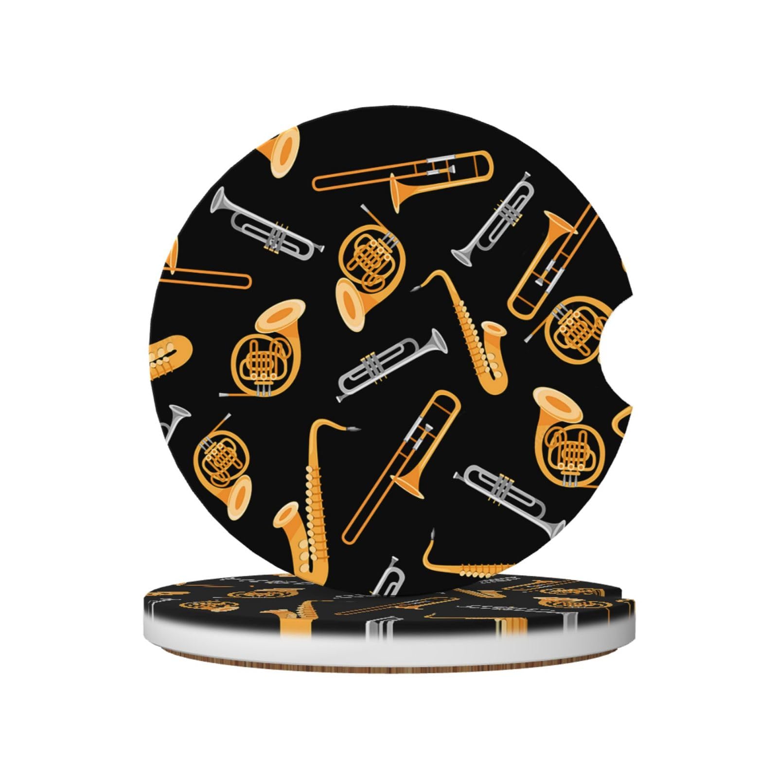 Saxophone Trombone Music Black, Car Cup Holder Coasters 2 Pack, Absorbent Ceramic Car Coasters with Non Slip Cork Base