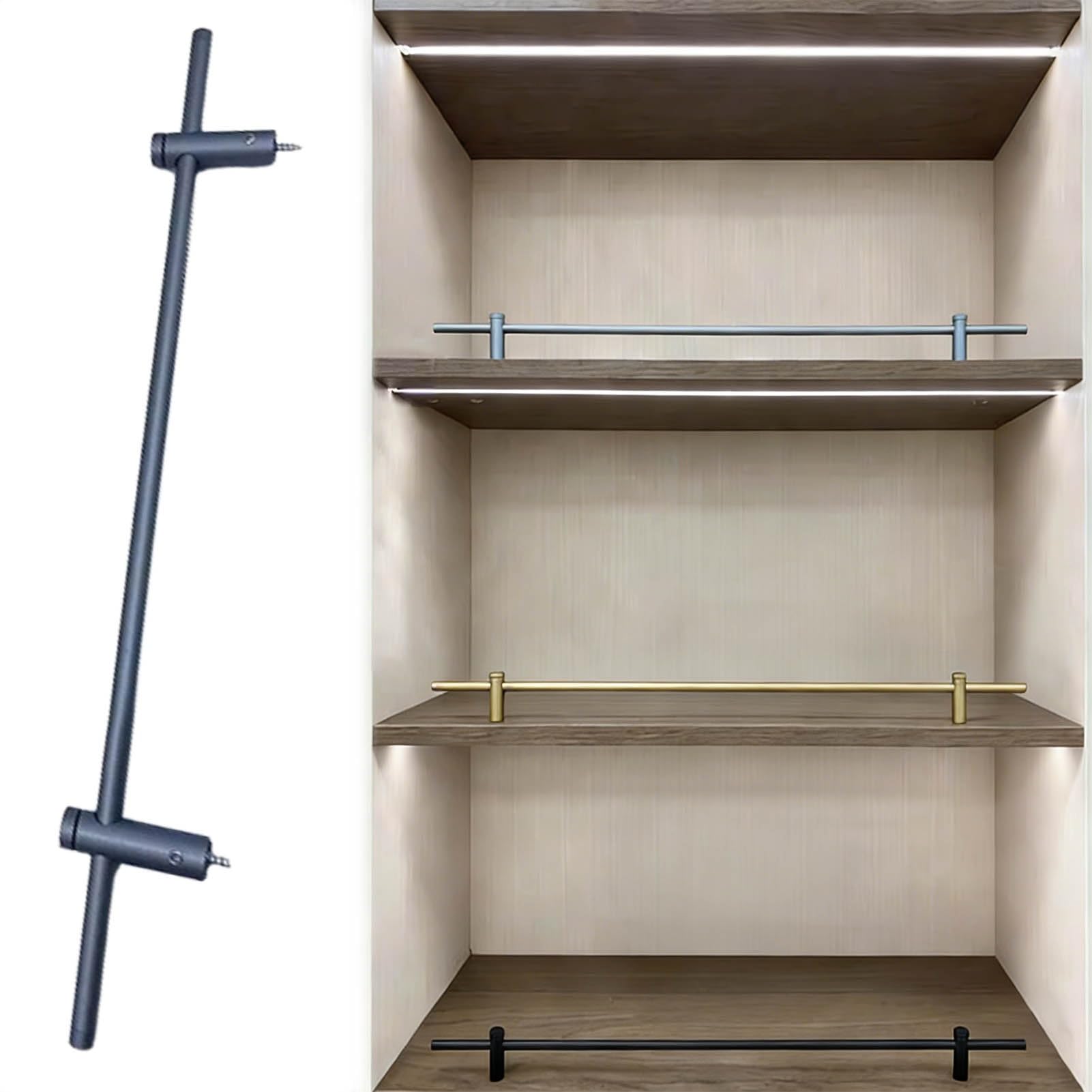Barandillas de aluminio negras, carriles de inflexión para estantes flotantes, varillas de metal resistentes evitan que los libros y botellas se caigan, barrera segura del gabinete con los soportes de