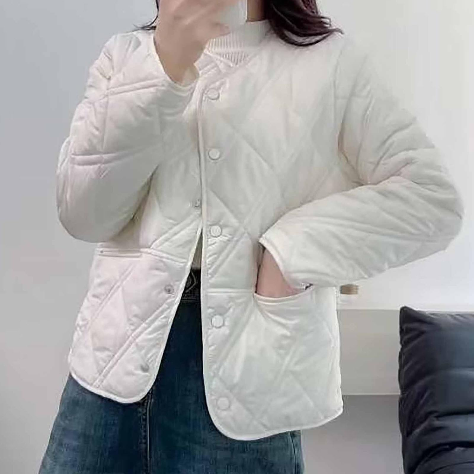 Doudoune légère pour femme - Veste matelassée sans col - Veste d'hiver boutonnée à manches longues et col rond - Manteau léger et chaud