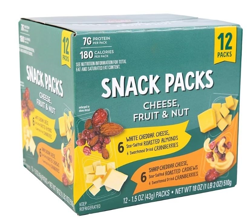 Cheese Fruit & Nut Snack Packs , Are perfect for an on-the-go snack! Featuring 12 individual packs and two varieties - six with Natural Sharp Cheddar Cheese, Sea-Salted Roasted Cashews and Sweetened Dried Cranberries, and six with Natural White Cheddar Cheese, Sea-Salted Roasted Almonds and Sweetened Dried Cranberries. The packs feature two compartment trays, one with bite size pieces of cheese and the other with a blend of fruit and nuts. [ 18 oz , 1.12 lb ]