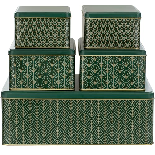 BALOU LIVING 5er Set Keksdose Weihnachten eckig - Weihnachtskeksdosen groß aus Metall - Weihnachtliche Keksdosen Plätzchendose Blechdose grün/gold