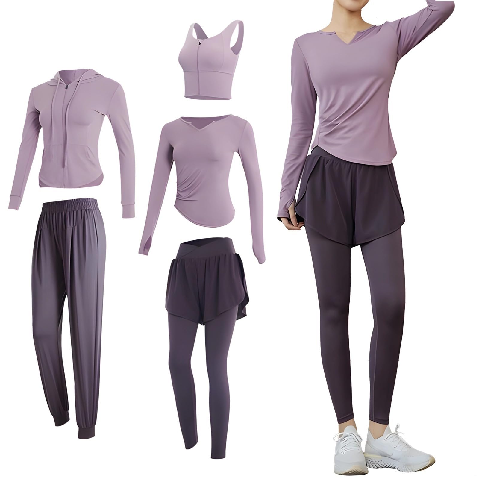 Womens 5-Piece Workout Set With Hoodie Long Sleeve Yoga Activewear Set Xxl For 135 150 Polyester Spandex Fabric